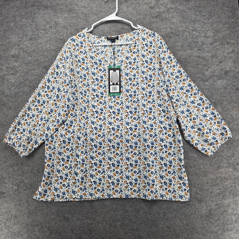 Mario Serrani Blouse Tunic Womens XL White Floral V-Neck 3/4 Sleeve Casual